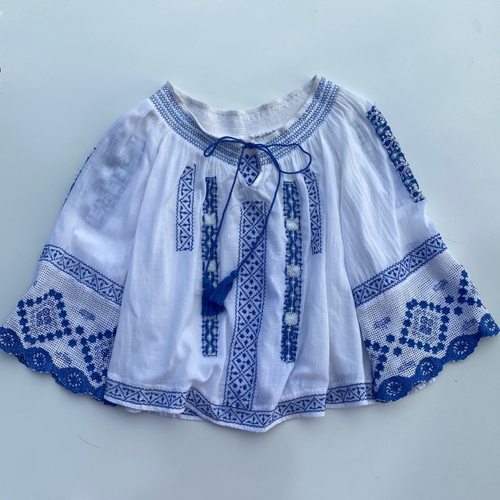 FREE PEOPLE Silver Springs Blue White Embroidered Top Small - Picture 3 of 7